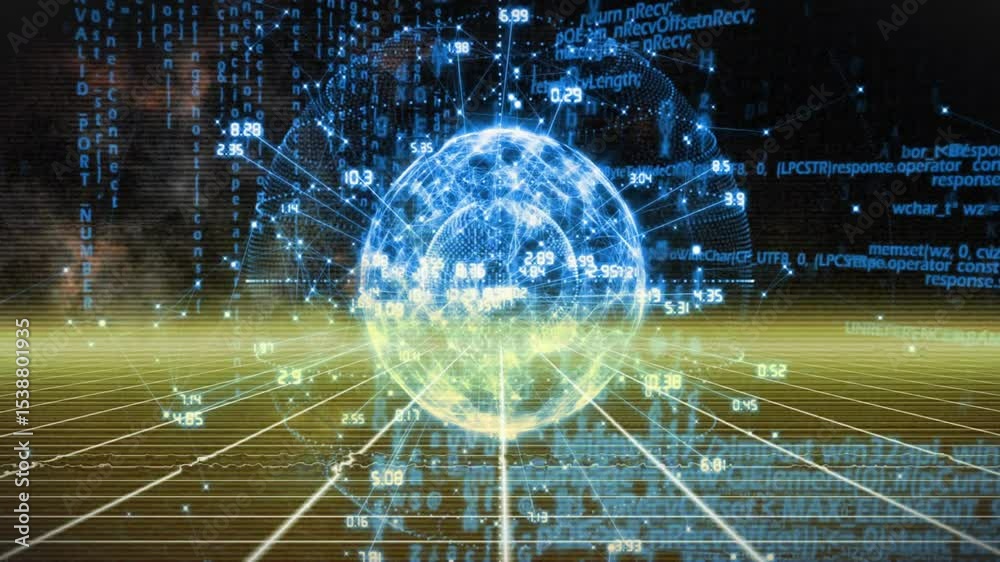 Poster glowing grid receding triggers holographic sphere emerging and rotating visualizing data streams