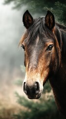 Majestic brown horse gazing serenely amidst a misty forest setting in the early morning light