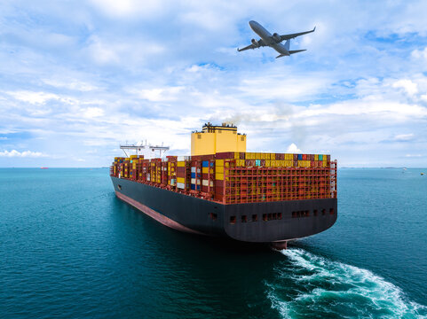 plane logistic and cargo container ship sailing in sea  import export goods and distributing products to dealer and consumers across worldwide, by container ship industry