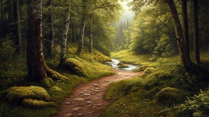 Obraz premium Serene Pathway Through Lush Green Forest Landscape with Sunlight and Tranquil Stream