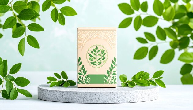 Eco-friendly paper tea packaging with moringa leaf illustrations and traditional batik pattern accents