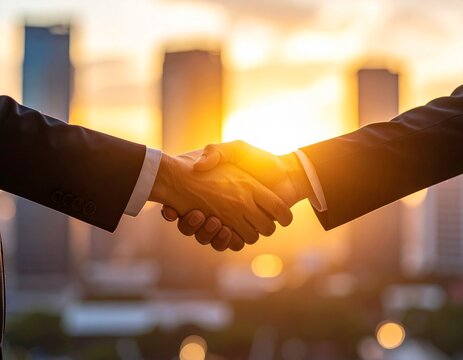 Handshake silhouette against city skyline, partnership concept, golden hour lighting, business success theme