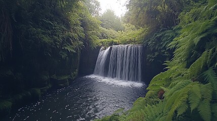 Serene Waterfall Cascading Through Lush Greenery in a Tropical Rainforest Environment