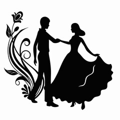 Silhouette of a couple dancing with floral accents in a vintage style black and white vector image created with generated ai