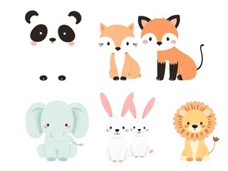 Cute baby animals PNG illustration pack panda, fox, elephant, bunny, lion soft pastel tones, 3-row layout, white background, nursery theme design assets, Ai Generate.