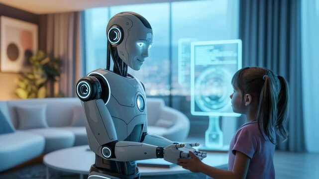 Robot's Interaction with a Child: A lifelike robot interacting with a child in a futuristic interior, emphasizing the evolving relationship between humans and artificial intelligence.