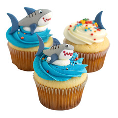 Delicious cupcakes decorated with an adorable shark figurine perfect for celebrations and parties of all ages isolated on a white background.