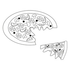 Pizza slice icon. Toppings outline vector. Mushrooms sausage shape. Italian food drawing.