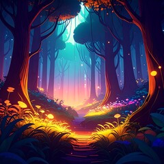 Mystical Forest with Glowing Plants in Anime Aesthetic