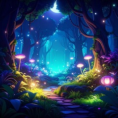 Mystical Forest with Glowing Plants in Anime Aesthetic