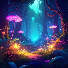 Mystical Forest with Glowing Plants in Anime Aesthetic