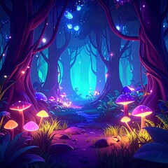 Mystical Forest with Glowing Plants in Anime Aesthetic