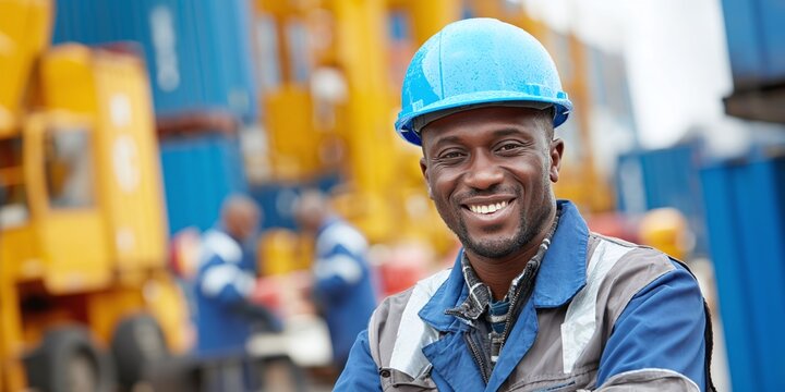 Happy Construction Worker: A smiling man in a hard hat at a construction site, showing positivity and safety in the workplace. Optimism and teamwork.