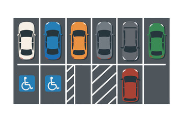 Parking lot layout showing various vehicles with designated handicapped spaces