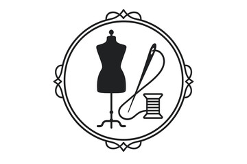 Stylized sewing emblem featuring a dress form, needle, and thread spool designed for a tailor's workshop