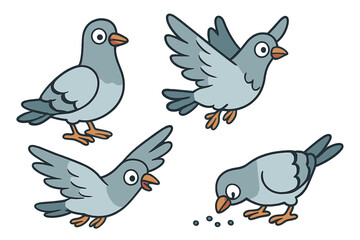 Cartoon depiction of pigeons in various poses displaying flight and foraging activities