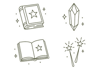 Magical symbols including books, a crystal, and wands with stars illustrating mystical themes