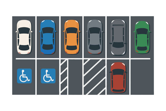 Parking lot layout showing various vehicles with designated handicapped spaces