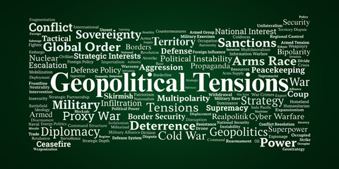 Geopolitical Tensions Word Cloud. Visualizing Key Themes In Global Conflict Dynamics