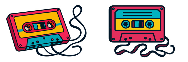 Retro cassette tapes with colorful designs and tangled ribbons on a neutral background