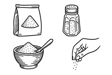Different forms of salt and sugar displayed with a bowl and a hand pouring salt at a kitchen countertop in natural light