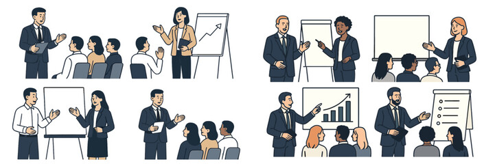 Professionals engage in various presentations and discussions in a business conference setting in a corporate environment