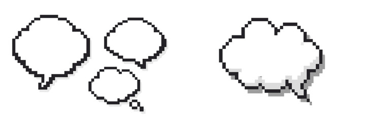 Obraz premium Pixel art speech bubbles are shown in various sizes and styles on a white background