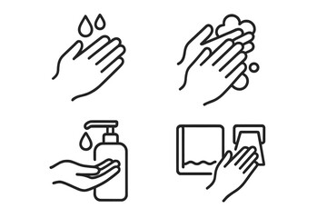 Handwashing techniques and hygiene practices outlined with simple illustrations for effective cleaning