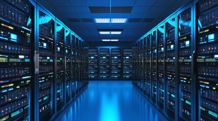 Cinematic server room with rows of glowing data racks and synchronized blue lighting creating futuristic and high tech atmosphere in clean environment