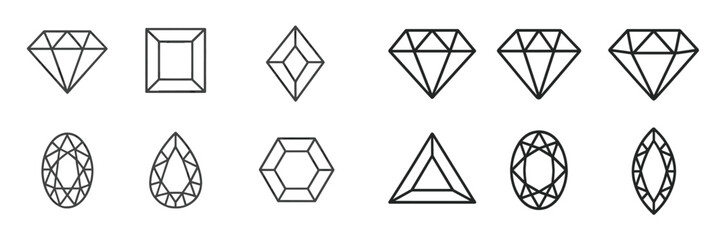 Various geometric diamond shapes displayed in a grid format showcasing designs suitable for art and jewelry