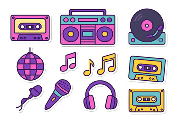 Colorful music-themed stickers featuring cassette tapes, microphones, and headphones from a vibrant retro collection