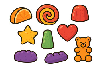 Colorful assortment of gummy candies in various shapes and flavors displayed on a white background
