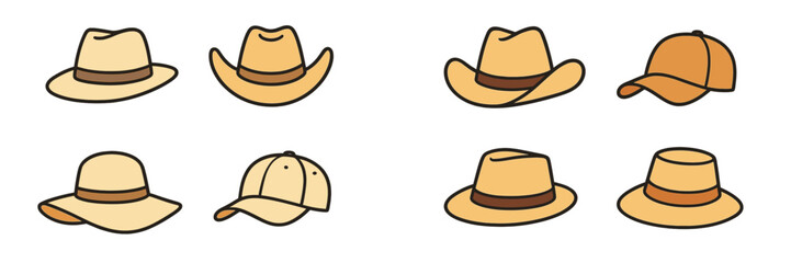 Variety of hats displayed including cowboy hats, caps, and sun hats arranged in a grid format