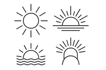 Various simple sun illustrations showcasing different sunset and sunrise designs with radiating rays and smooth curves