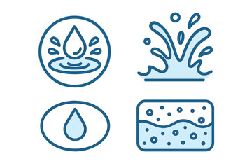 Water symbols representing droplets, splashes, and foam displayed on a clean light background