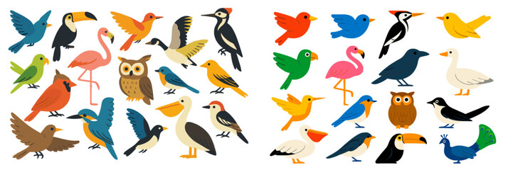 Colorful array of various bird species in a vibrant and playful illustration suitable for educational and artistic purposes