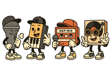 Characters representing music elements in a lively illustration showcasing hip hop culture