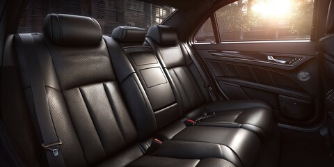 Obraz premium Luxury car interior: Premium black leather back seats offer a comfortable and stylish ride. Sleek design and attention to detail create a sophisticated ambiance.