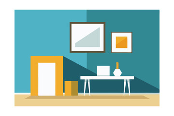 Modern Minimalist Interior Design Teal Walls, Simple Furniture, and Geometric Art