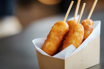A basket of hot dogs with wooden sticks