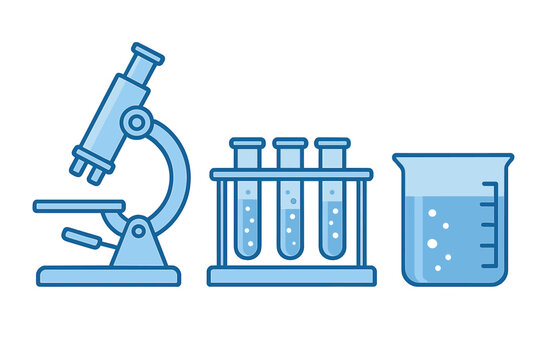 Laboratory equipment setup featuring microscope, test tubes, and beaker demonstrating scientific experimentation