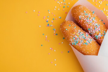 Two donuts with sprinkles on top of a yellow background, with ample copy space for text.