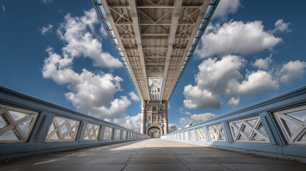 Fototapeta premium London's iconic Tower Bridge,viewed from the pedestrian walkway looking directly up at its intricate steel structure and the majestic South Tower. Ideal for themes of travel, tourism, London landmarks