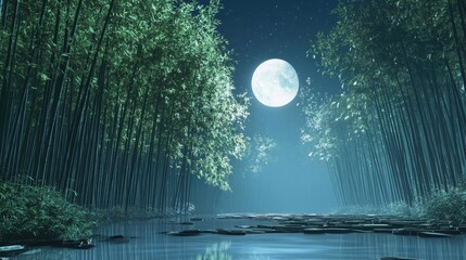 Serene Bamboo Forest Under Full Moonlight with Calm Water Reflection and Night Sky Stars