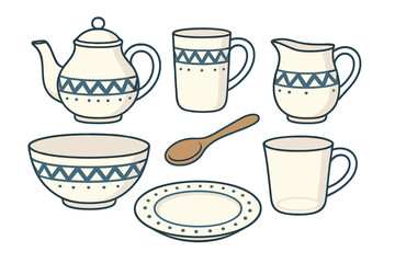 Ceramic tea set with decorative patterns arranged on a white background for kitchen or dining use