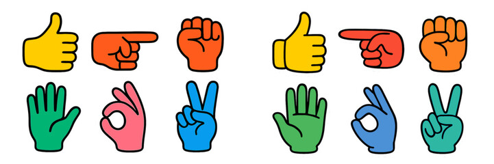Diverse collection of hand gestures representing various expressions and interactions in vibrant colors