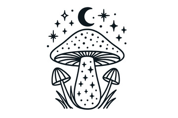 Mushroom with stars and moon illustration in a whimsical style depicting a magical night landscape