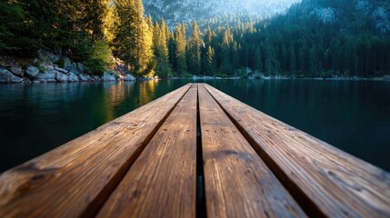 Wooden dock extending into a tranquil lake surrounded by trees.