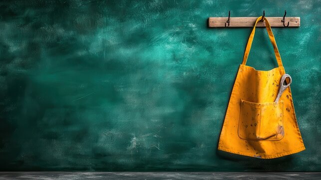 Yellow apron hanging on a hook against a textured green wall, symbolizing creativity, cooking, and craftsmanship in a rustic setting.