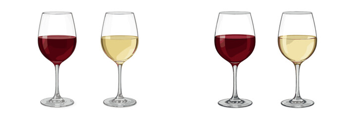 Four wine glasses filled with red and white wine arranged elegantly on a neutral background